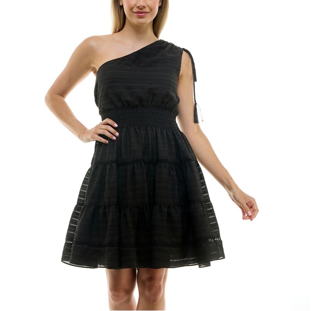 NWT Taylor One-Shoulder‎ Black Eyelet Dress | M | Smocked Waist | $119 Retail